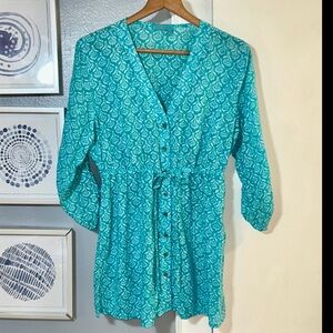 Fresh Produce Teal Floral-Print V-neck Button Front Tunic Top Size M/L Pockets